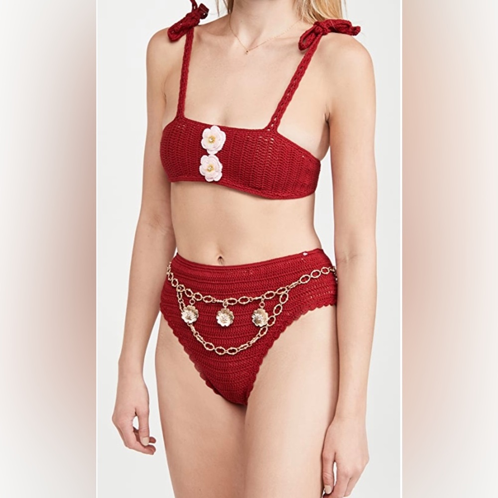 MAIYO Anthropologie *Cassia* red crochet bikini top & bottom boho swim set XL